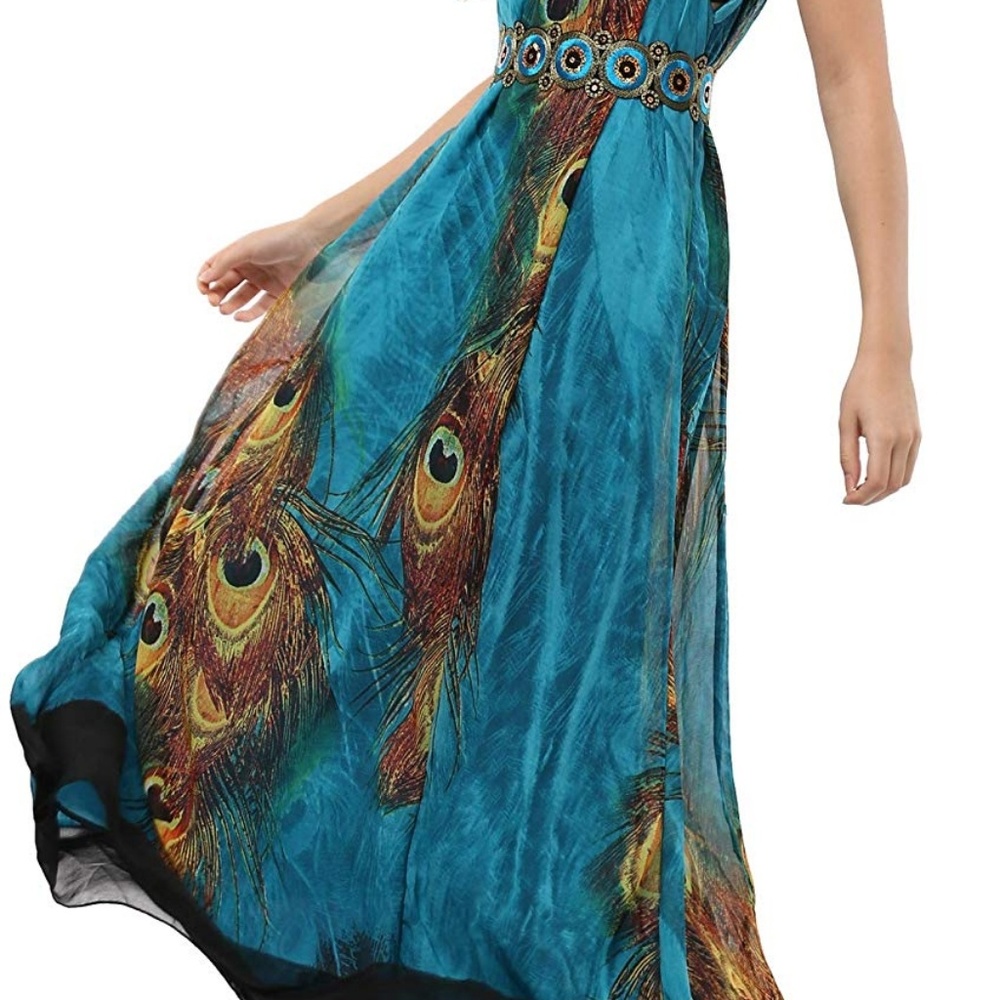 Flowy PEACOCK PRINT Chiffon Maxi Dress - Picture 4 of 5